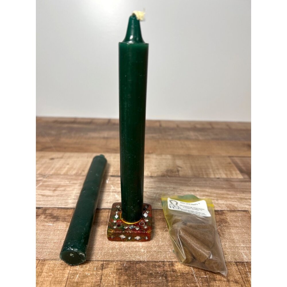 Green Spell Candle Set With Holder & Incense